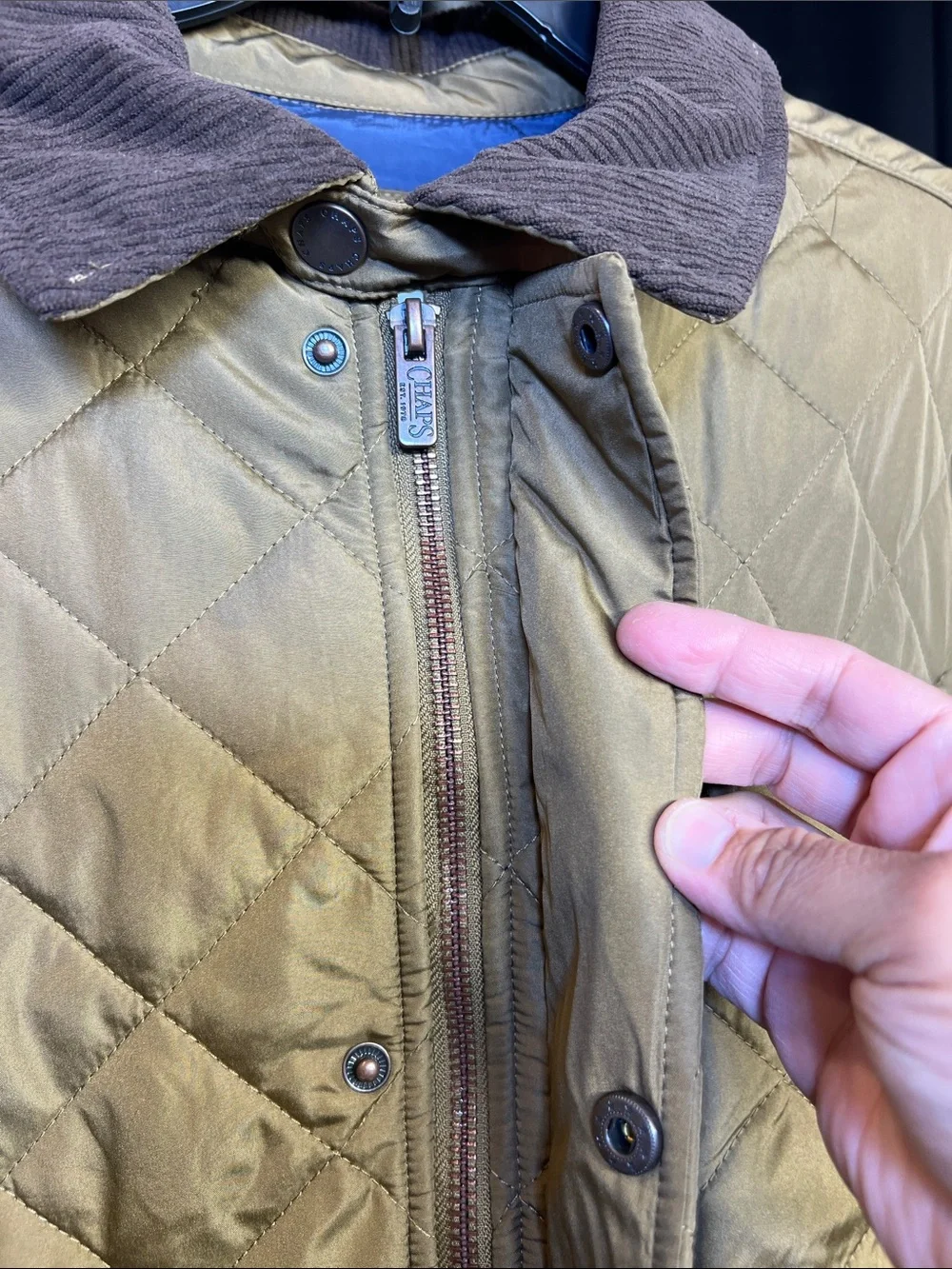 Chaps Quilted Olive Jacket with Brown Corduroy Collar